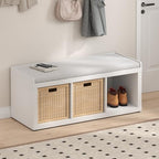 Furinno Cubicle Storage Bench, Shoe Bench with Padded Seat Cushion, 3-Cube Open Shelves Entryway Bench, for Closet, Entryway, Living Room, White