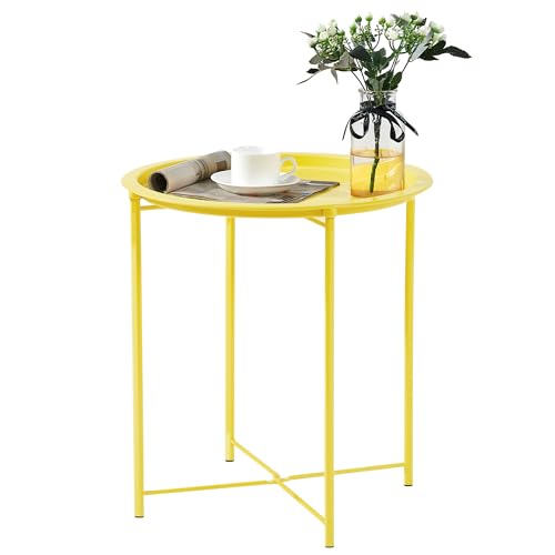 VECELO Side/End Table, Folding Round Metal Anti-Rust and Waterproof Outdoor or Indoor Tray for Living Room Bedroom Balcony and Office, 1 PCS,Yellow - color: Yellow, size: 1 PCS