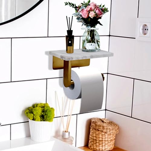 Toilet Paper Holder with Natural Marble Shelf for Bathroom Washroom,Wall Mounted Tissue Holder Suitable for Mega Roll (Brushed Gold, Small 6.7 * 4.3 in) - color: Brushed Gold, size: Small 6.7 * 4.3 in