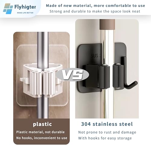 8 Pack Stainless Steel Mop Clips – Heavy Duty Wall Mounted Broom Holders, Rustproof & Tool-Free Install with Back Adhesive or Glue for Home and Garage - color: SILVER-8PCS