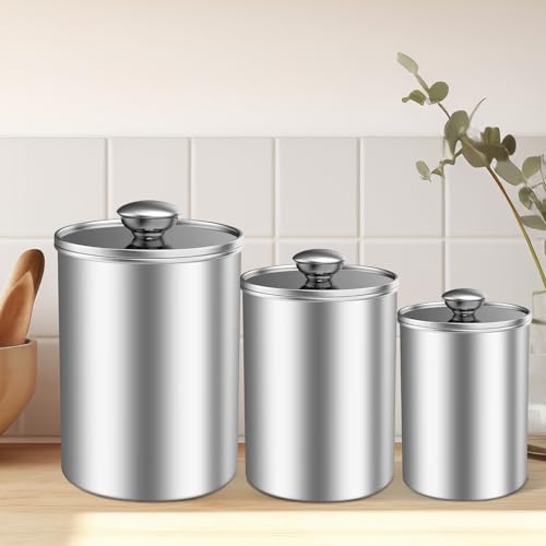 ENLOY Stainless Steel Food Storage Container Set of 3, 88/61/29 oz with Clear Glass Lids - Ideal for Coffee, Tea, Sugar, Flour Canisters - size: Medium