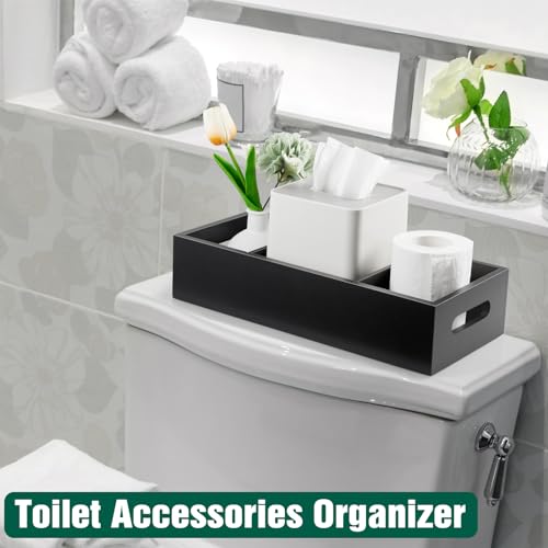 14 Inch Bathroom Basket with Removable Dividers - 3 Comparments Wood Toilet Paper Basket with Handle for Back of Toilet Tank Topper - Black Storage Organizer for Bathroom Kitchen Pantry Organization - color: Black
