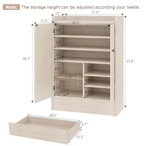 iPormis 6-Tier Shoe Cabinet with Drawer, 47” Tall Large Shoe Storage Cabinet with Doors & Adjustable Shelves, Freestanding Wooden Shoe Rack Organizer Cabinet for Entryway Hallway, Natural - color: Natural