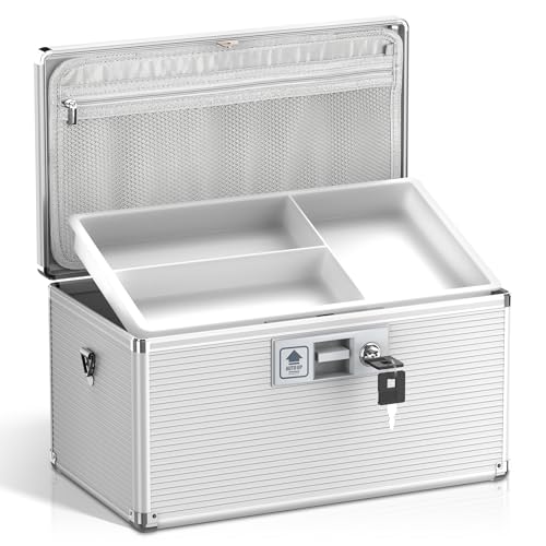 Medicine Lock Box with Key, Alluminum Alloy Box for Medication,First Aid Box with a Removeable Tray to Store Medicines & Pills for Home, Silver 14 * 8.46 * 7.48 Inch - color: Silver, size: Large-14inch