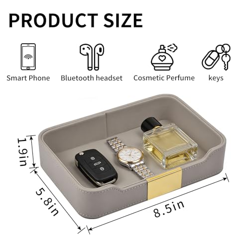 Luxury Leather Valet Tray Desktop Storage Organizer,Bedside Vanity Catchall Tray Nightstand Caddy Holder for Cosmetic,Jewelry,Watch,Keys,Phone,Wallet,Remote Controller,Pen,Gray - color: Gray