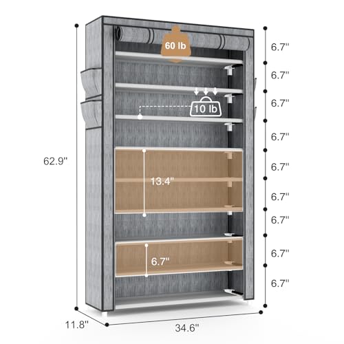 VILICK Shoe Rack with Cover Narrow Shoe Organizer with Pockets 10 Tier Tall Shoe Storage Holds 36-41 Pairs Shoes and Boots Shoe Rack for Closet Entryway Garage, Printing - color: Printing, size: 10 Tiers-34.6" Wide