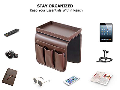 Non-Slip Couch Cup Holder Detachable Couch Tray PU Leather Armrest Cup Holder Couch Arm Table for Recliner w/ 1 Large Pocket, 3 Small Pockets for TV Remotes, Phone, Eyeglasses/Couch Console (Brown) - color: Dark Brown