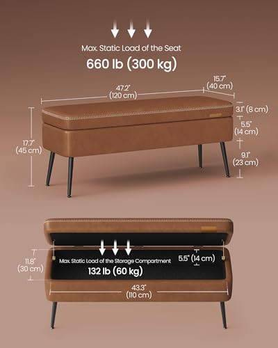 VASAGLE EKHO Collection - Storage Ottoman Bench, Entryway Bedroom Bench, 15 Gallons, Synthetic Leather with Stitching, Mid-Century Modern, Safety Hinges, Loads 660 lb, Caramel Brown ULOM074K01 - color: Caramel Brown, style: 15-Gallon Storage Bench