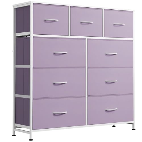 WLIVE 9 Drawer Dresser, Fabric Storage Tower for Bedroom, Hallway, Closet, Tall Chest Organizer Unit for Bedroom with Fabric Bins, Steel Frame, Wood Top, Easy Pull Handle, Purple - color: Purple