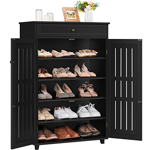 Yaheetech Shoe Cabinet, 5-Tier Shoe Rack Organizer with 1 Drawer, Freestanding Wooden Shoe Storage Cabinet with 2 Louvered Door & Adjustable Shelves for Entryway Hallway, Black - color: Black, size: 31 x 15 x 45.5''