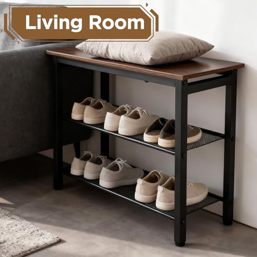 3-Tier Shoe Rack Bench, Hardwood & Alloy Steal Entryway Storage Organizer for Front Door Entrance, Bedroom, Living Room, 300lb Capacity (3-Tier Shoe Bench (Metal Mesh)) - size: 3-Tier Shoe Bench (Metal Mesh)