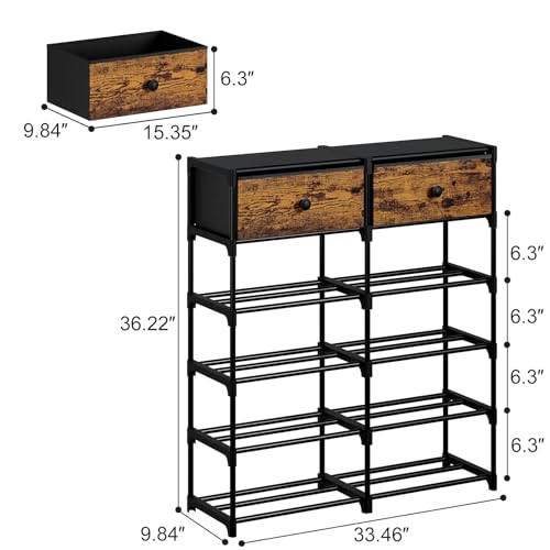 Shoe Rack, 6 Tier Shoe Rack Organizer with 2 Large Drawers, Shoe Storage for 20-24 Pairs, Sturdy Metal Shoe Shelf Shoe Stand for Closet Entryway, Rustic Brown and Black - color: Rustic Brown and Black, size: 6 Tier