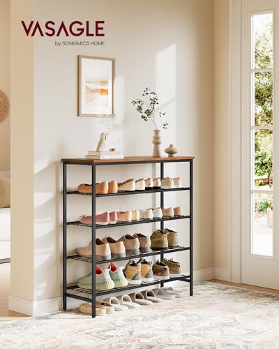 VASAGLE Shoe Rack, Shoe Storage Rack for Closet, Entryway, Living Room, Free Standing Metal Organizer Shelf, 5 Tiers, 11.8 x 29.5 x 34.3 Inches, for 18–24 Pairs, Rustic Brown and Ink Black ULBS050KD01 - size: 5 Tiers (29.5"W)