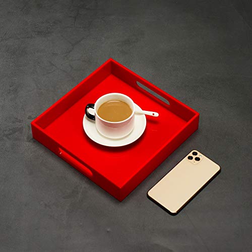 Sturdy Red Acrylic Serving Tray with Handles - 10x10Inch, Coffee/Appetizer/Butler Tray - Kitchen Countertop & Vanity Table Organizer - color: Glossy Red, size: 10" x 10" x 2"