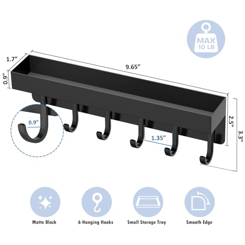 kuaima Magnetic Key Holder, Small Wall Mount Key Rack with Shelf for Fridge, 6 Metal Hooks, 9.65 Inch, 2 Installation Options, Black - color: Black