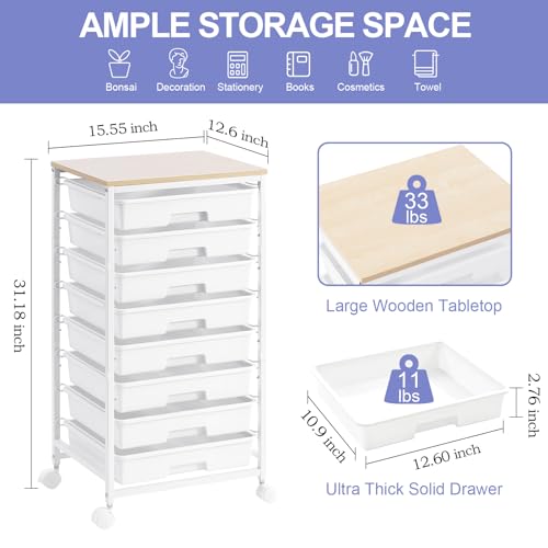 SYKIARIOL Rolling Storage Cart with Drawers,Utility Cart With 8 Drawers and Wooden Tabletop,Rolling Drawer Cart,Storage Drawer Cart for Living Room,Classroom,Bedroom,Bathroom,Dorm,Office,White - color: White