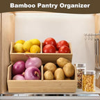 Bamboo Pantry Organizers and Storage Bins, 2 Set Stackable Baskets for Vegetables, Potatoes, Onion, Garlic, Bread - Bamboo Kitchen Containers for Pantry Drawer, Counter, Cabinet