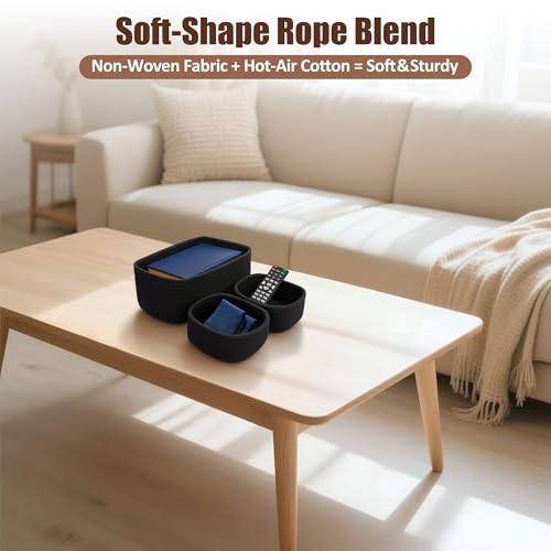 5-Pack Small Woven Rope Storage Baskets – 2 Sizes Organizer Bins for Closet, Shelf, Bookshelf, Nursery, Changing Table, Fabric Cube Boxes, Rectangular Shallow Bins for Bathroom, Toy & Home - color: Black