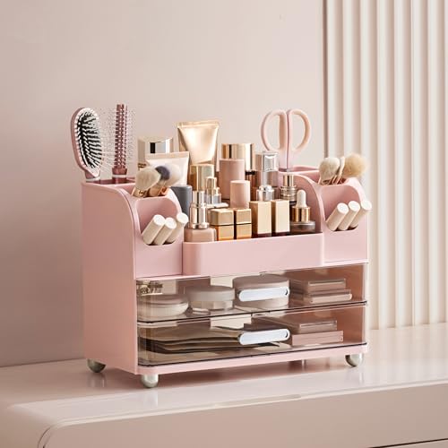 HBlife Makeup Organizer for Vanity with Brush Holder, Large Bathroom Countertop Cosmetic Organizer Skin Care Storage, Easy to Store Lipsticks, Nail Polishes, Perfumes, Eyeshadow Palettes, Pink - color: Pink