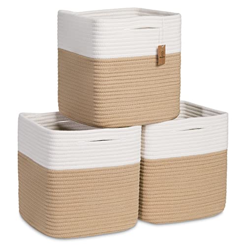NaturalCozy Storage Cubes 11 Inch Cotton Rope Woven Baskets for Organizing, 3-Pack | Cube Storage Bin | Square Storage Baskets for Shelves Organizer, Classroom, Kids Toy Bins, Closet, Baby Nursery - color: Off White & Tan Brown