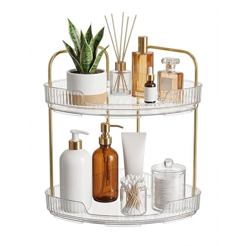 2-Tier Acrylic Corner Bathroom Organizer with Handle Round Skincare & Makeup Storage Tray, Waterproof, Lightweight, Heat Resistant Vanity Shelf for Countertop, Kitchen, Bedroom, Dresser
