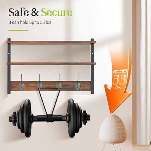 Two-Tier Wall Shelf with Hooks, 17" Coat Rack Wall Mount with Shelf, Key Hooks for Wall with Heavy Duty Double Hooks, Coat Hook Wall Mounted for Bedroom, Living Room, Rustic Brown - color: Brown-1 Pack