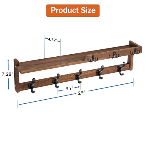 29'' Coat Rack Wall Mount with Shelf, Coat Hanger Wall Mount with Key Hooks and Mail Holder, Wood Entryway Floating Shelf with Hooks and Storage, Hat Rack for Wall Key Holder Mail Organizer - color: Brown, size: 29 Inch Long
