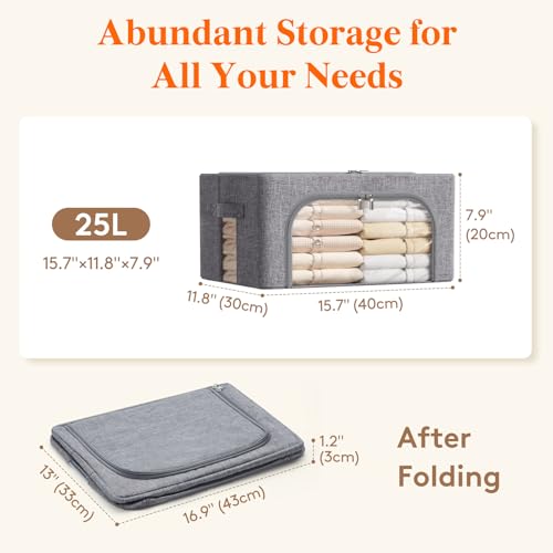 Lifewit Clothes Storage Bins with Metal Frame, Stackable Storage Box, Foldable Clothing Storage Bins with Lids, 25L Storage Bags Fabric Box Organizer with Clear Window＆ Zippers＆ Sturdy Handles 6 Pack - size: 25L