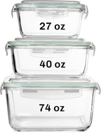 Razab 6 PC Square Glass Food Storage Containers with Airtight lids (74, 40 & 18 oz) Kitchen Glass Meal Prep Containers Set for Freezer Reusable Leftover Lunch Boxes, Oven, Microwave, Dishwasher Safe