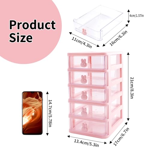 Desk Organizer with Drawer, Stackable Makeup Organizer White, Small Plastic Storage Box for Desktop, Bathroom Counter or Dresser, School, Home, Office (Pink-5 Tier) - color: Pink-5 Tier