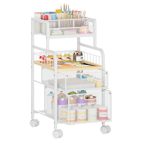 SWTYMIKI Rolling Cart with Drawers - Metal Utility Cart with Wood Shelf, DIY Divider and Locking Wheels, Craft & Art Cart Organizer for Under Desk Storage for Home Office Studio, White - color: 4 Tiers-White, size: 4 Tiers