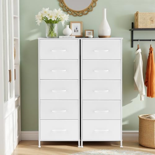 Nightstand, 5 Drawer Dresser End Table Bedside Furniture with Wooden Top Steel Frame Fabric Bins for Bedroom, Closet, Entryway, Dorm, Living Room, White - color: White, size: 11.8"D x 15.8"W x 47.8"H (5 Drawers)