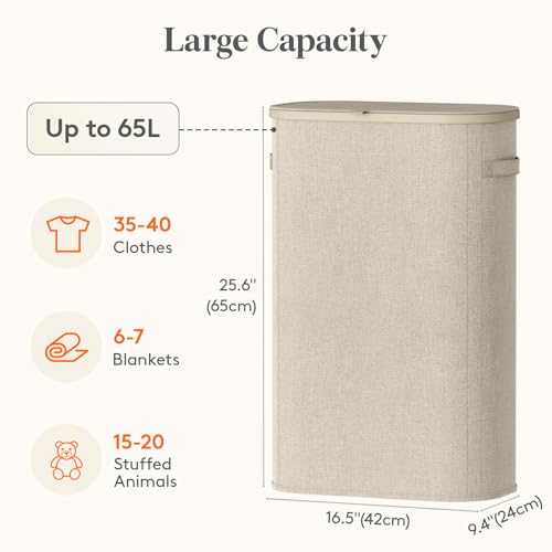 Lifewit Slim Laundry Basket with Lid, Narrow Laundry Hamper with Plastic Handles and Removable Bag, Tall Foldable Dirty Clothes Hampers for Laundry Room, Bedroom, Bathroom, Dorm, 65L Beige - color: Beige, size: 65L