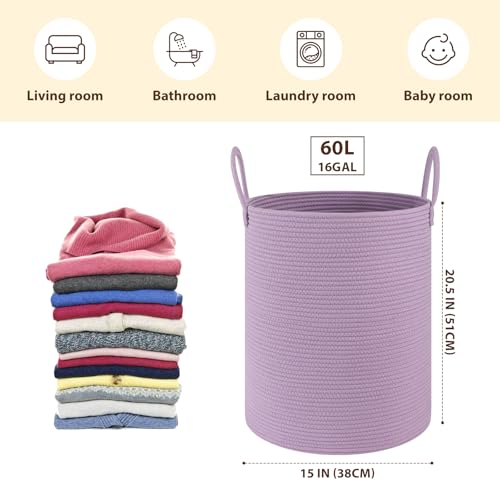 OIAHOMY Large Laundry Basket Hamper - 60L Cotton Rope Woven Basket for Blankets, Toys, Clothes - Tall Decorative Nursery Hamper with Long Handles, Purple - color: Purple, size: 60L