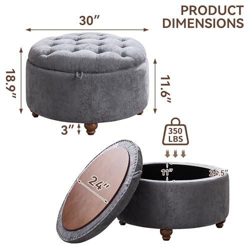 30Inch Round Storage Ottoman with Tray, Modern Tufted Circle Coffee Table with Storage, Upholstered Ottoman with Removable Top for Living Room, Bedroom, Chenille Blue - color: Chenille Blue, size: 30 Inch