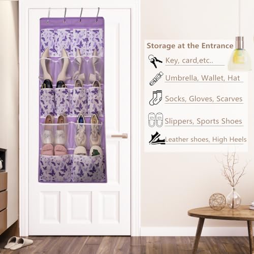 16 Pockets Over Door Hanging Storage Organizer with 4 Kinds Pouches for Shoes,Sock,Hat,Underwear,Handbag,Cosmetics,Toiletry,Behind Door Hanging Shelf Space-saving for Bathroom,Bedroom,Entrance,Purple - style: Medium-Purple: Pack of 1