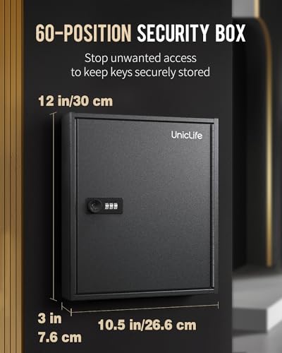 Uniclife 60 Position Slotted Key Cabinet with Combination Lock Resettable Black Digital Security Storage Box Steel Key Organizer with Slotted Racks White Key Tag Labels and Permanent Pen - color: Black, size: 60 Keys