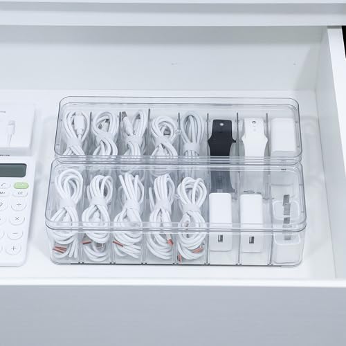 Cord Storage Organizer for Desk Drawer, Plastic Adjustable Cable Organizer Box with Lid and Wire Ties, Clear Phone Charger Case for Home Office - size: 1 Pack
