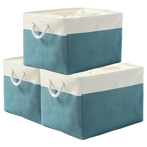 TheWarmHome Storage Bin for Shelves - Extra Jumbo 3 Pack 20.5L×15.7W×13.8H Storage Basket for Organizing, Fabrin Storage cubes with Drawstring Cover for Living Room Bedroom Decor Closet（White & Green - color: White And Green, size: 3PCS/Extra Jumbo - 20.5