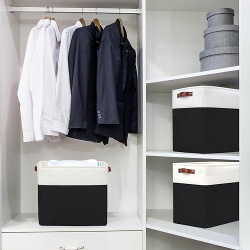 Bagnizer Large Fabric Storage Baskets | 50L Storage Bins, Decorative Linen Closet Baskets with Handles for Organizing, Shelf, Toys, Clothes, Home, Office, Nursery, 17x12x15Inches (Black&White) - color: Black / Off-White, size: Extra Large -17"x12"x15"