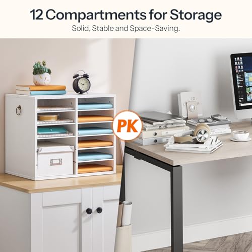 HOOBRO Literature Organizers, 12 Compartments Office Mailbox with Adjustable Shelves, Wood Countertop Literature Sorter for Office, Home, Classroom, Mailrooms Organization White WT12WF01 - color: White, size: 18.9"L