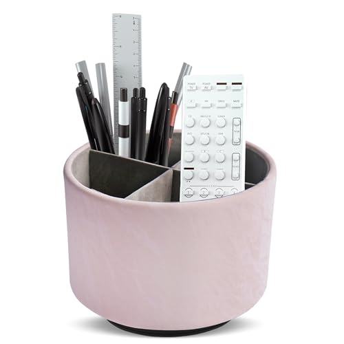 Hennaja Round Leather Art Supply Organizer,Remote Control Holder,360 Degree Spinning,Multi-Functional Pencil Holder,4 Compartments Desktop Stationary Organizer(1-Hill Pink) - color: 1-Hill Pink