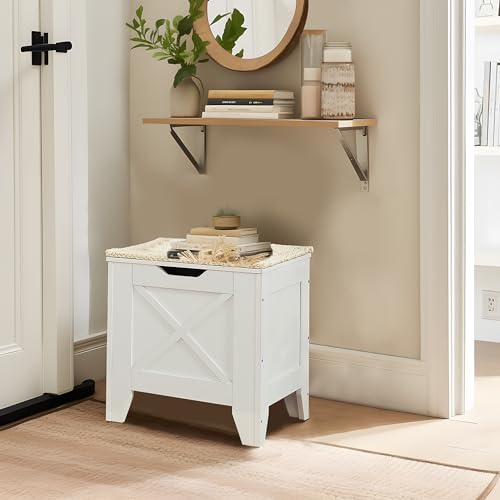 VECELO 17.7" Storage Bench, Entryway Shoe Ottoman, Farmhouse Style Bench with Handwoven Cushion and Metal Safety Hinges, for Bedroom, Living Room, Entryway, White - color: White, size: 17.7"W