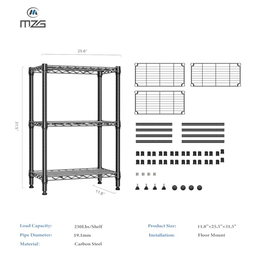 M MZG 750 lbs 3 Tier Shelf Metal Storage Shelves Wire Rack Closet Organizers for Garage Kitchen Bathroom Laundry Black 11.8" D x 25.6" W x 31.5" H - color: Black, size: 3 tier, 11.8" D x 25.6" W x 31.5" H
