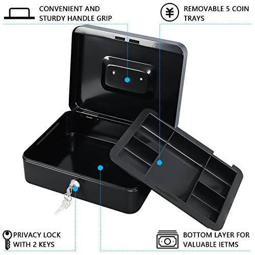 KYODOLED Large Cash Box with Removable Money Tray, Key Lock Metal Storage Box with 2 Keys & Portable Handle, Safe Cash Drawer, 9.84"x 7.87"x 3.54", Black Large - color: Black, size: Large