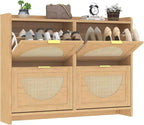 Patikuin Narrow Rattan Shoe Cabinet, 4 Semi-Circular Flip Doors Freestanding Shoe Storage Organizer, MDF Wooden Hidden Slim Shoe Rack for Entryway, Hallway, Foyer, Living Room - size: 4 Flip Drawers