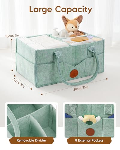 Maliton Baby Diaper Caddy, Nursery Storage Bin & Car Organizer with Handle, Large Felt Bag for Newborn essentials Boy or Girl, Changing Table Organizer for Baby Stuff, 15" x 9" x 7"Baby Shower Basket - color: green, size: Large