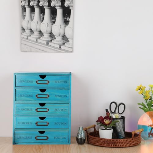 Wooden Storage Box with 5 Drawers Apothecary Drawers Vintage Wooden Drawers Wood Desktop Organizer with Drawer Library Card Catalog Cabinet Apothecary Cabinet （BLUE） - color: BLUE05