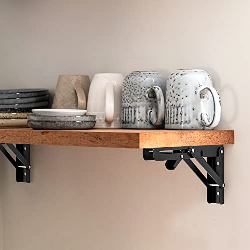 Ravinte 2 Pack 16 Inch Folding Shelf Brackets – Matte Black, Heavy Duty Collapsible Brackets for Tables and Benches – Space-Saving Design - size: 16 Inch