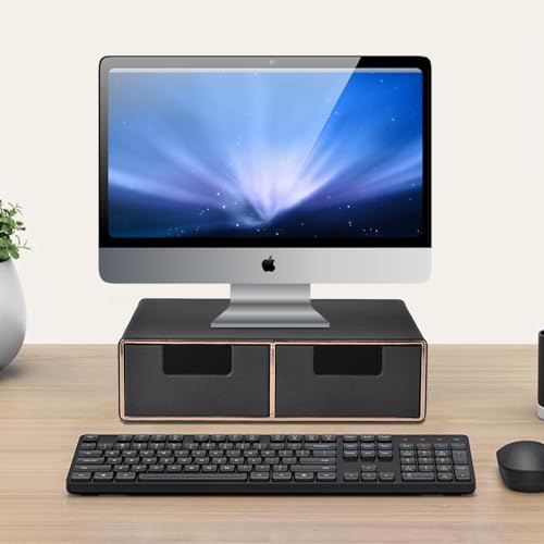 Linen Leather Desk Organizer and monitor stand with Drawers－Mini Desktop Drawer Organizer Stackable－Tabletop Organization Storage Box for Office Supplies Home Vanity Toiletries (Black, 2-drawers) - color: Black